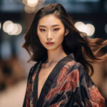 ランウェイを歩くファッションモデルの日本人女性